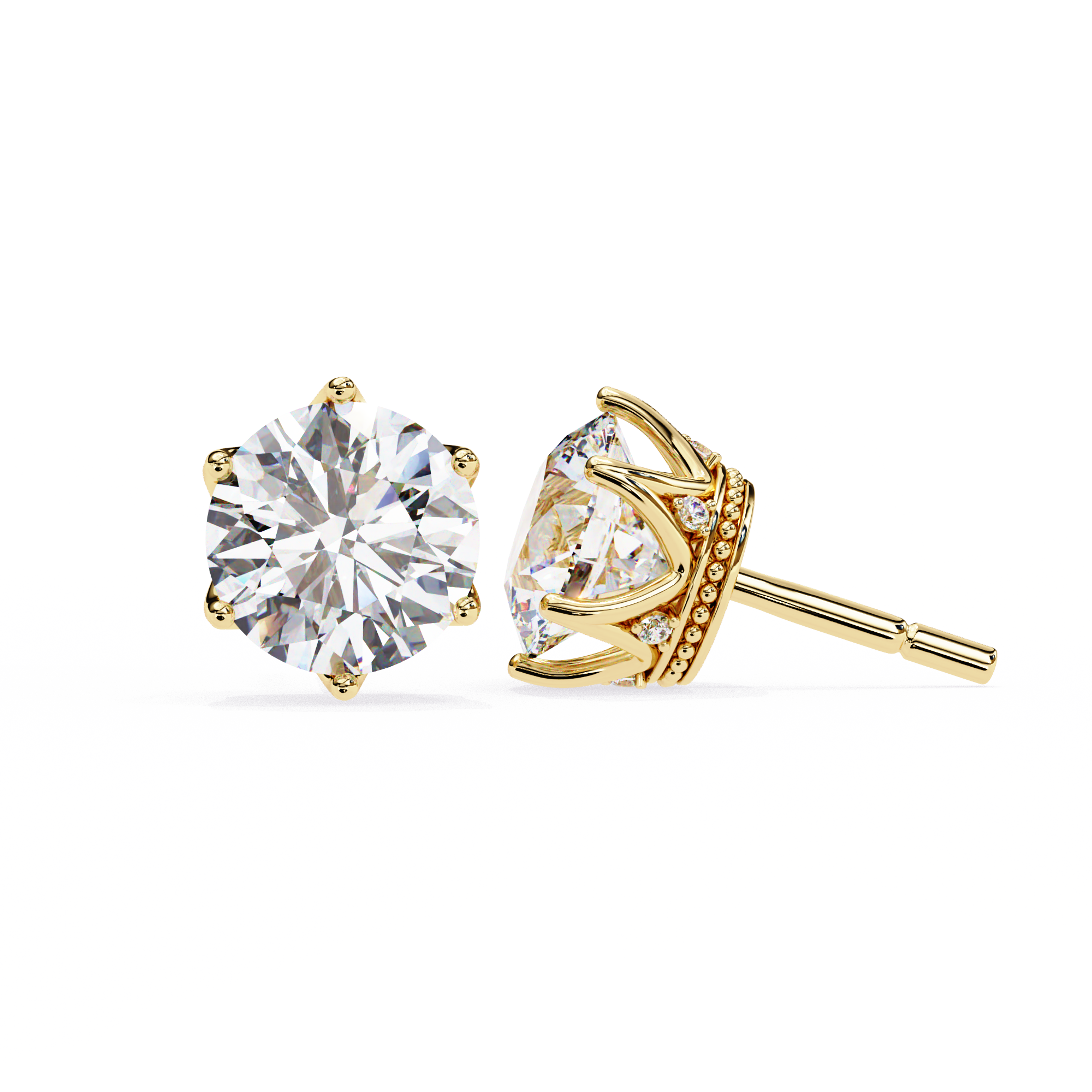 Round Cut Diamond Stud Earrings with Hidden Halo | 6-Prong Setting