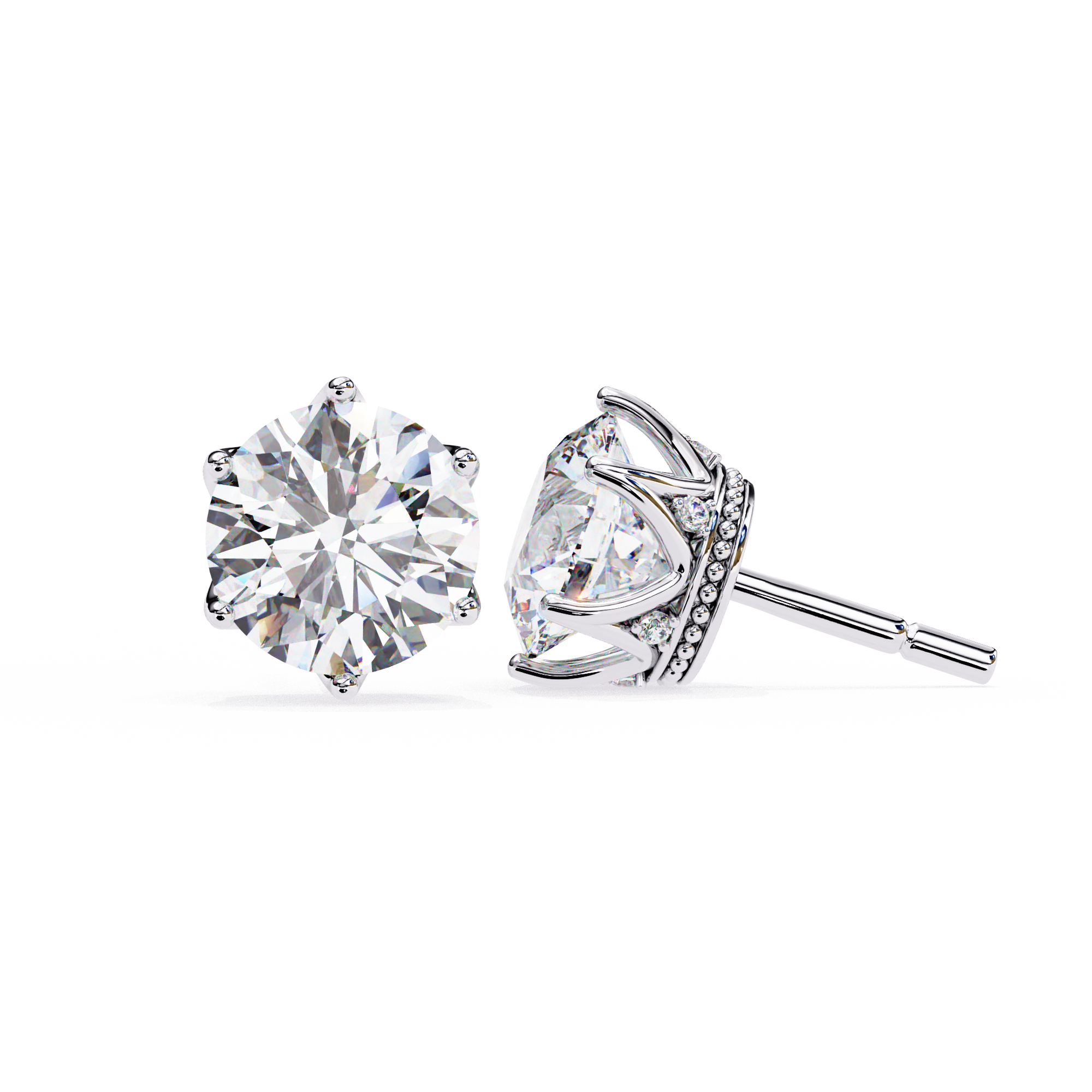 Round Cut Diamond Stud Earrings with Hidden Halo | 6-Prong Setting