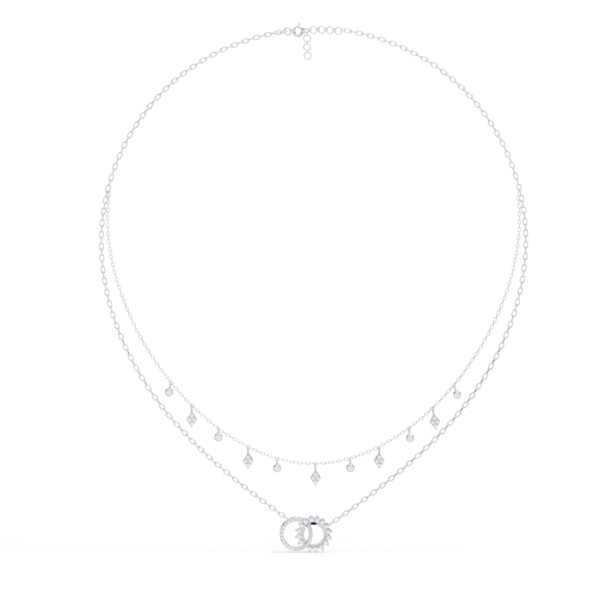 Round Diamond Charm Necklace – Layered Sun & Interlocking Ring Motif