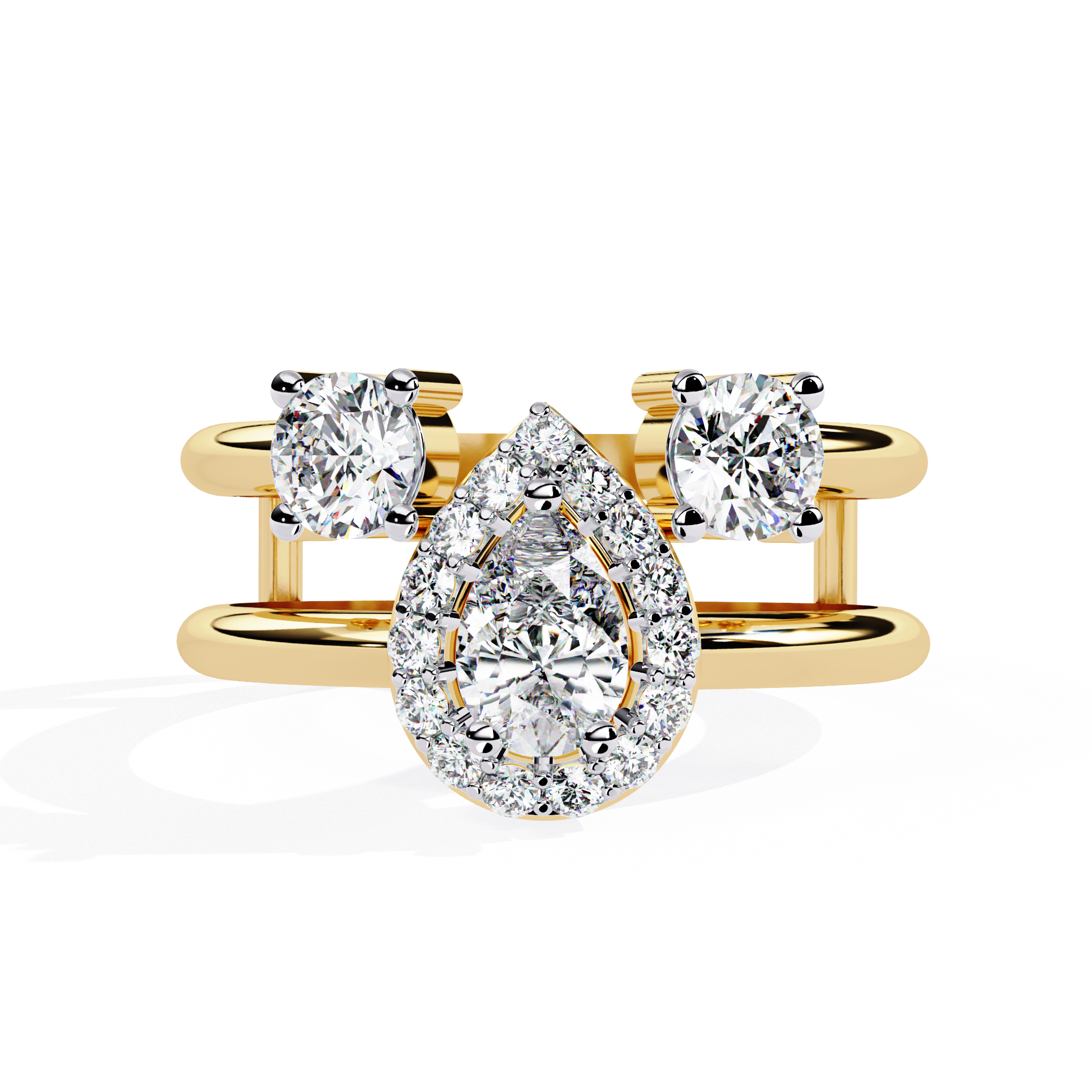 Double-Band Pear Halo Diamond Ring with Side Round Stones