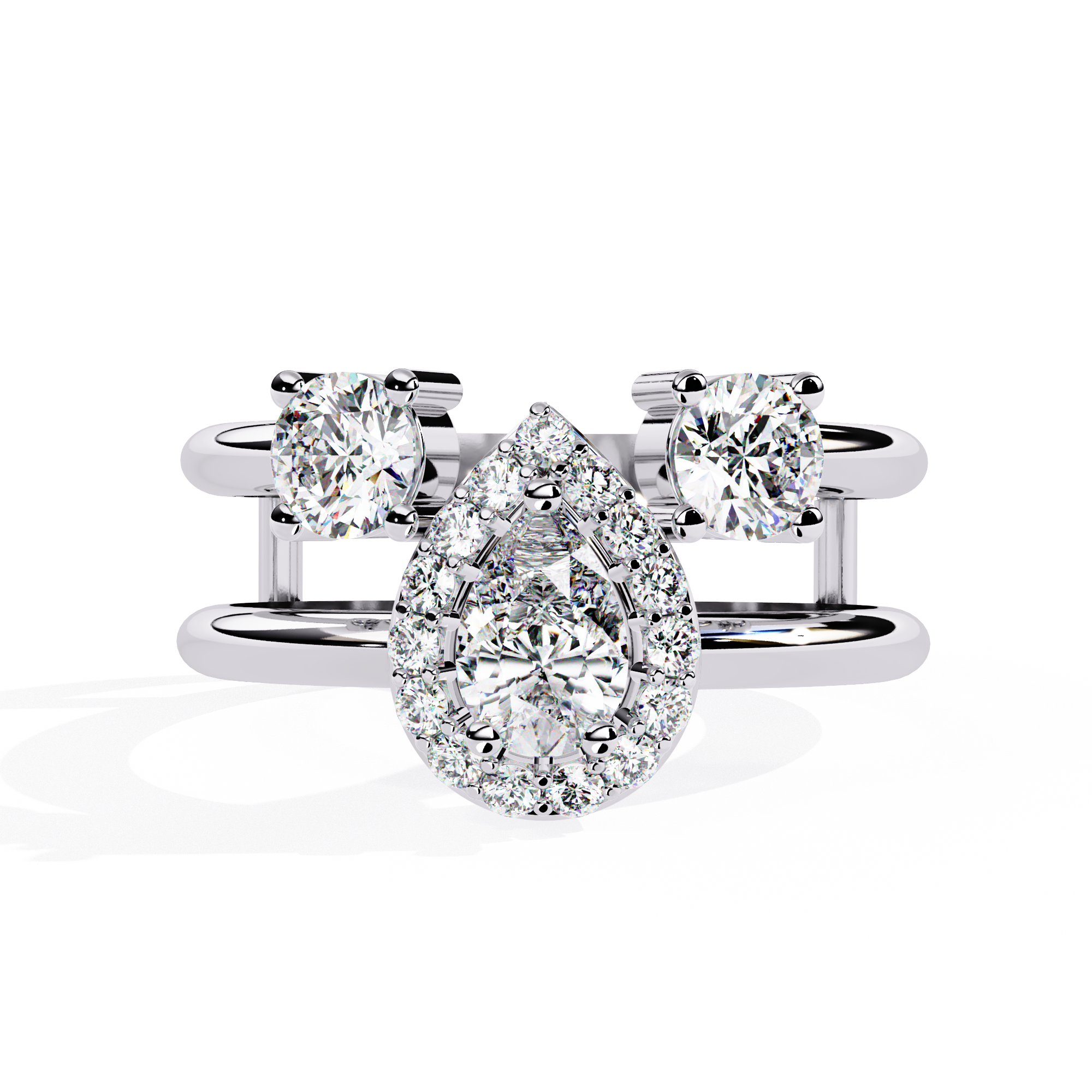 Double-Band Pear Halo Diamond Ring with Side Round Stones